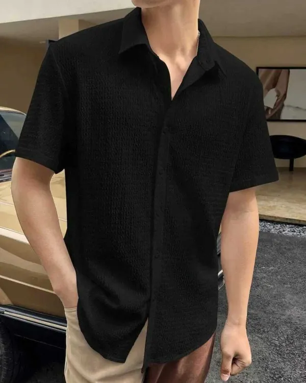 Black_Cotton_Blend_Self_Design_Half_Sleeve_Casual_Wear_Shirt