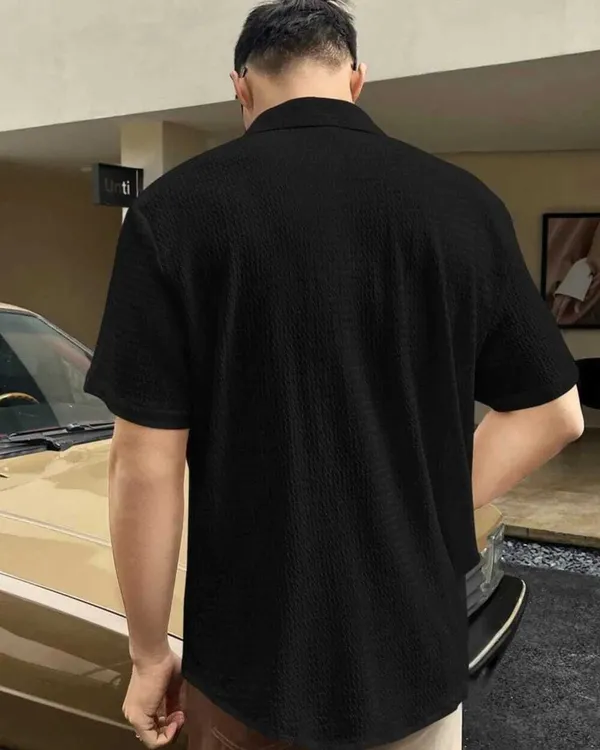 Black_Cotton_Blend_Self_Design_Half_Sleeve_Casual_Wear_Shirt