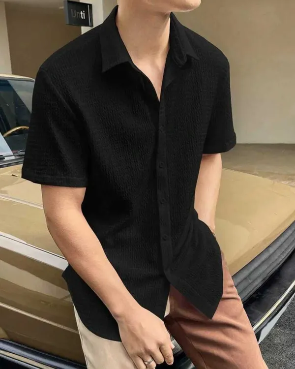 Black_Cotton_Blend_Self_Design_Half_Sleeve_Casual_Wear_Shirt