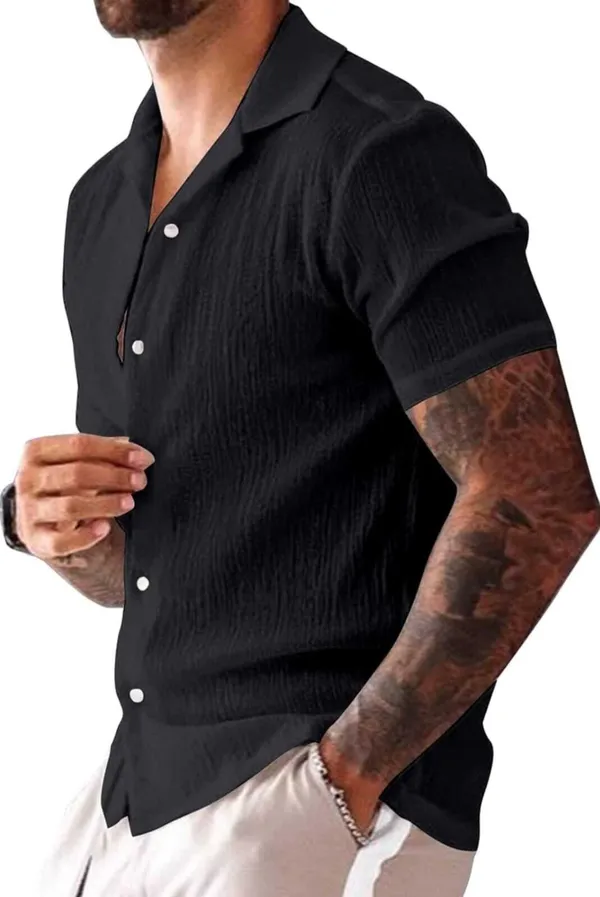 Black_Cotton_Blend_Self_Design_Half_Sleeve_Casual_Wear_Shirt