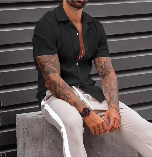 Black_Cotton_Blend_Self_Design_Half_Sleeve_Casual_Wear_Shirt