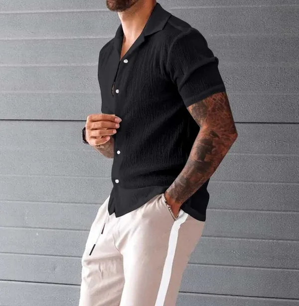 Black_Cotton_Blend_Self_Design_Half_Sleeve_Casual_Wear_Shirt