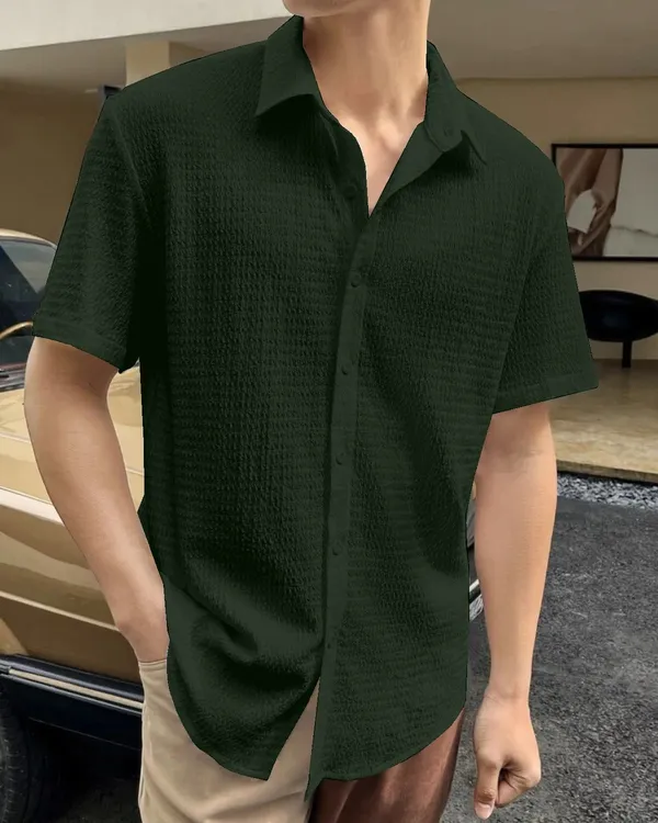 Green_Cotton_Blend_Self_Design_Half_Sleeve_Casual_Wear_Shirt