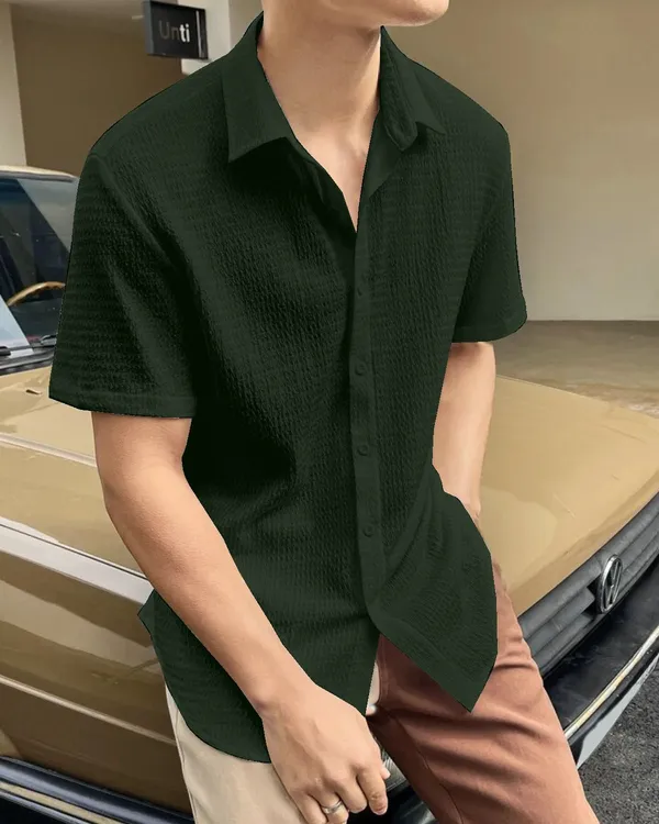 Green_Cotton_Blend_Self_Design_Half_Sleeve_Casual_Wear_Shirt