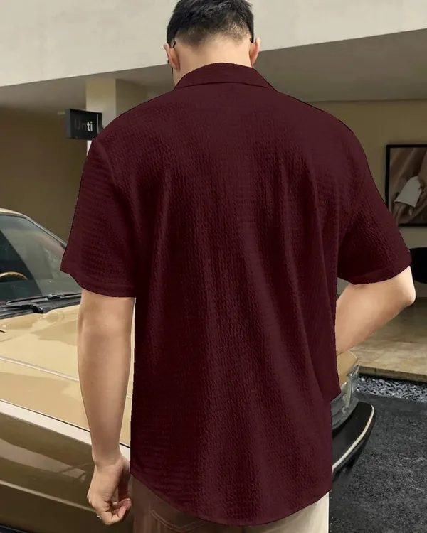 Maroon_Cotton_Blend_Self_Design_Half_Sleeve_Casual_Wear_Shirt