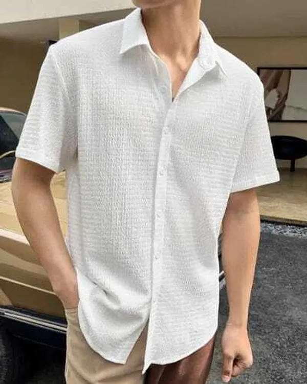 White_Cotton_Blend_Self_Design_Half_Sleeve_Casual_Wear_Shirt