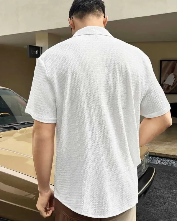 White_Cotton_Blend_Self_Design_Half_Sleeve_Casual_Wear_Shirt