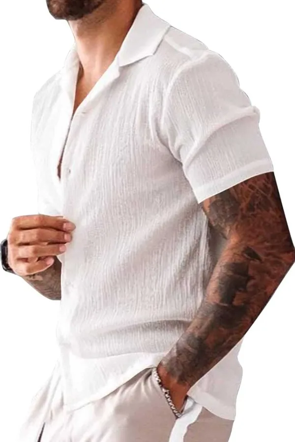 White_Cotton_Blend_Self_Design_Half_Sleeve_Casual_Wear_Shirt