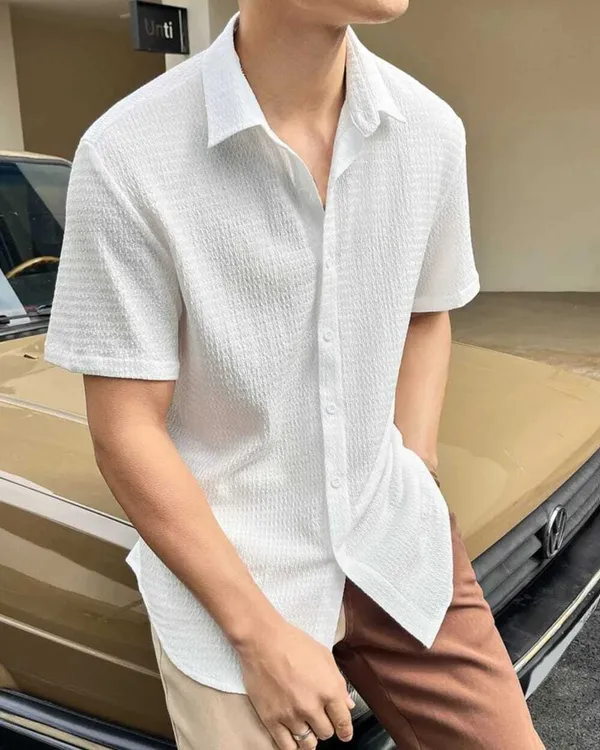 White_Cotton_Blend_Self_Design_Half_Sleeve_Casual_Wear_Shirt