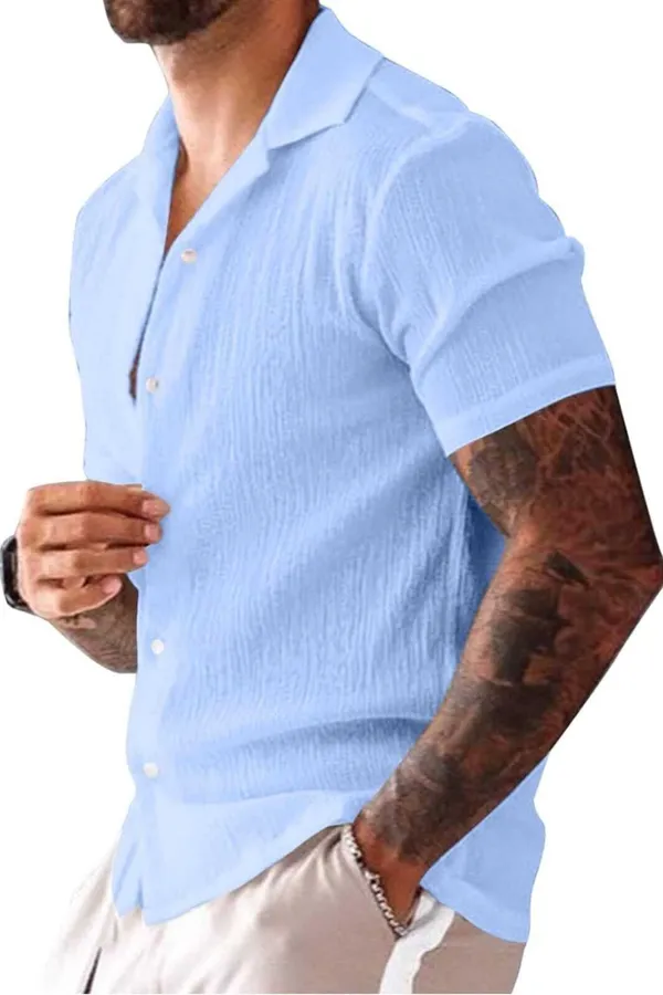 Blue_Cotton_Blend_Self_Design_Half_Sleeve_Casual_Wear_Shirt