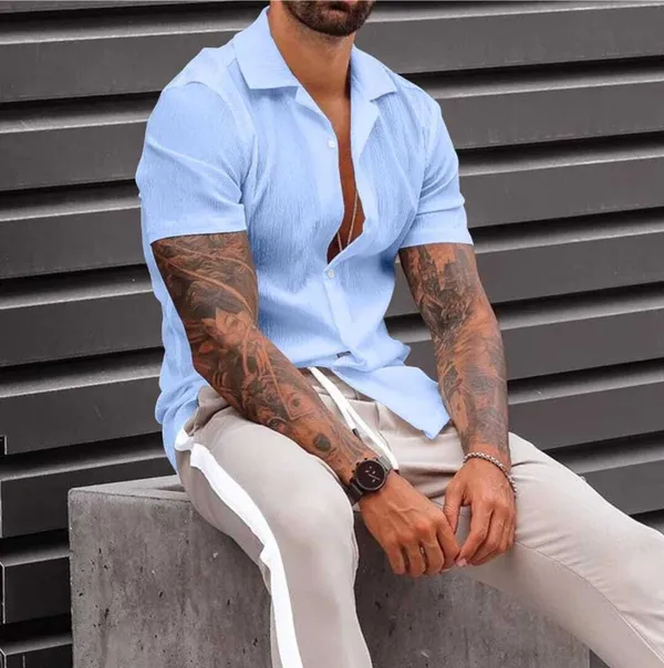 Blue_Cotton_Blend_Self_Design_Half_Sleeve_Casual_Wear_Shirt
