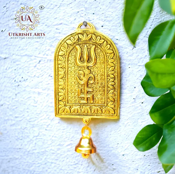 Utkrisht Arts Gold Plated Metal Om Trishul Swastik Trishakti Yantra with Bell for Door Wall Hanging for Home Office Shops Price in India Buy