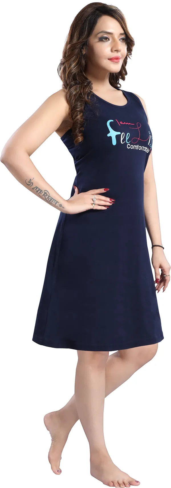 Dark_Blue_Cotton_Blend_Printed_Knee_Length_Nighty_For_Women