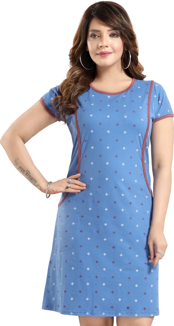 Light_Blue_Cotton_Blend_Printed_Knee_Length_Night_Dress_For_Women