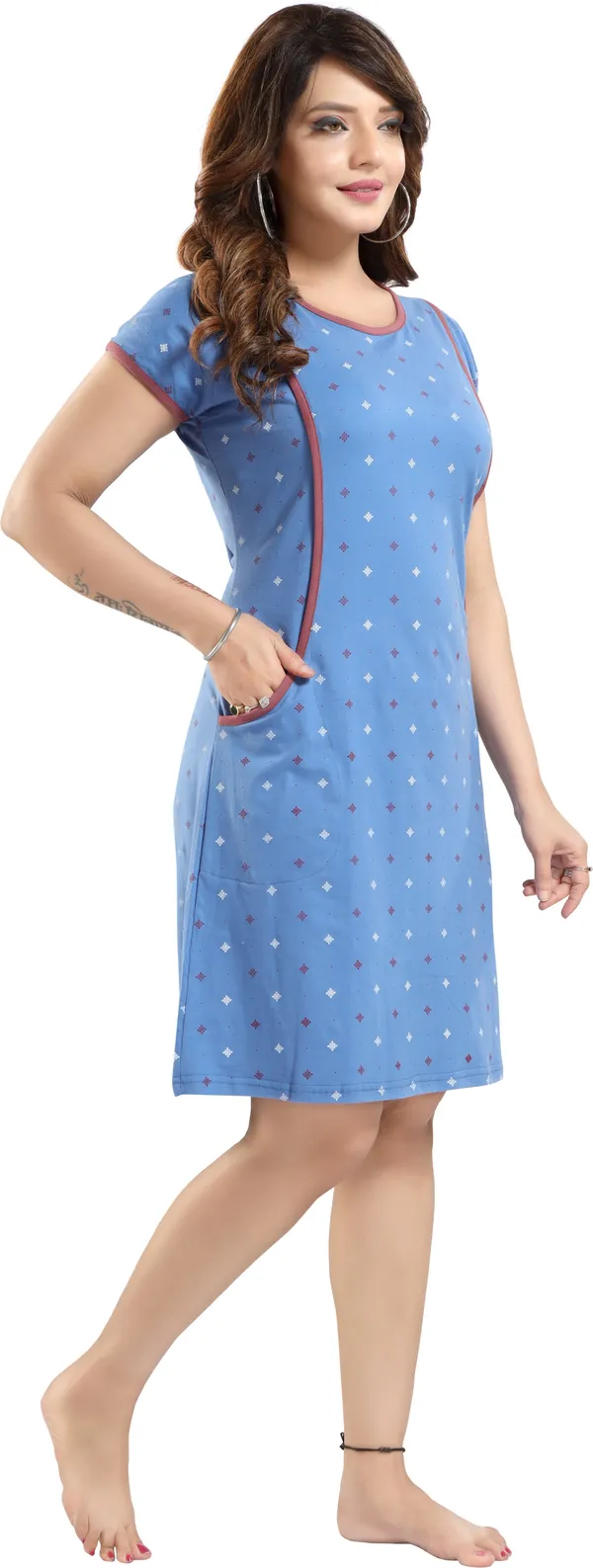 Light_Blue_Cotton_Blend_Printed_Knee_Length_Night_Dress_For_Women