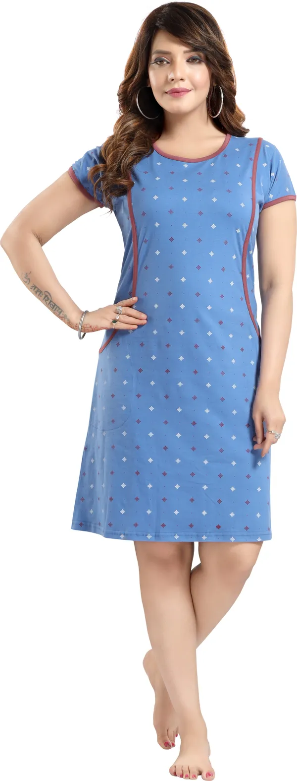 Light_Blue_Cotton_Blend_Printed_Knee_Length_Night_Dress_For_Women