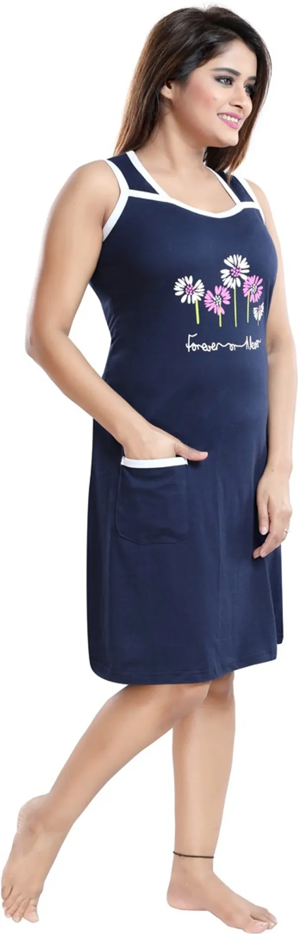 Blue_Cotton_Blend_Printed_Knee_Length_Nighty_For_Women