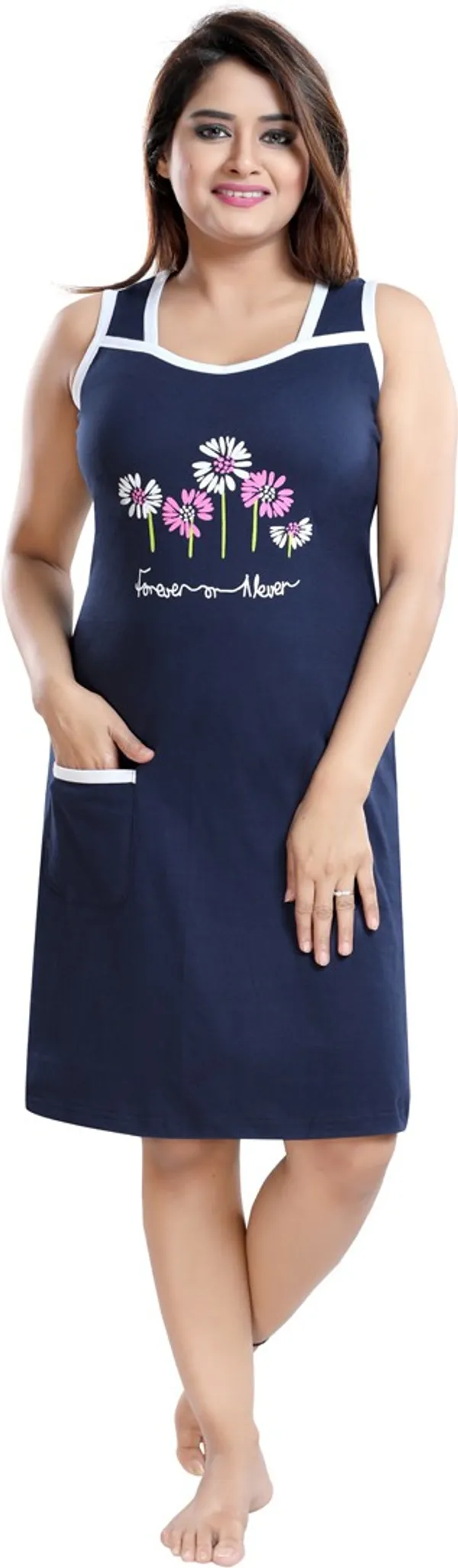 Blue_Cotton_Blend_Printed_Knee_Length_Nighty_For_Women