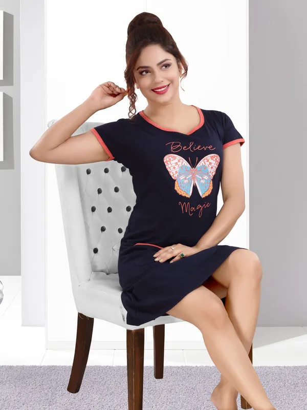 Dark_Blue_Cotton_Blend_Printed_Knee_Length_Night_Dress_For_Women