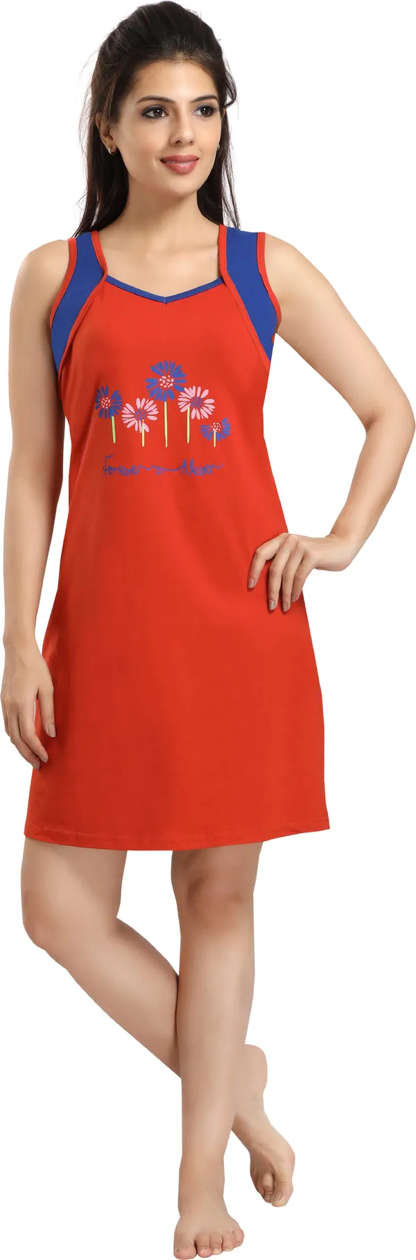 Rust_Cotton_Blend_Printed_Knee_Length_Night_Dress_For_Women