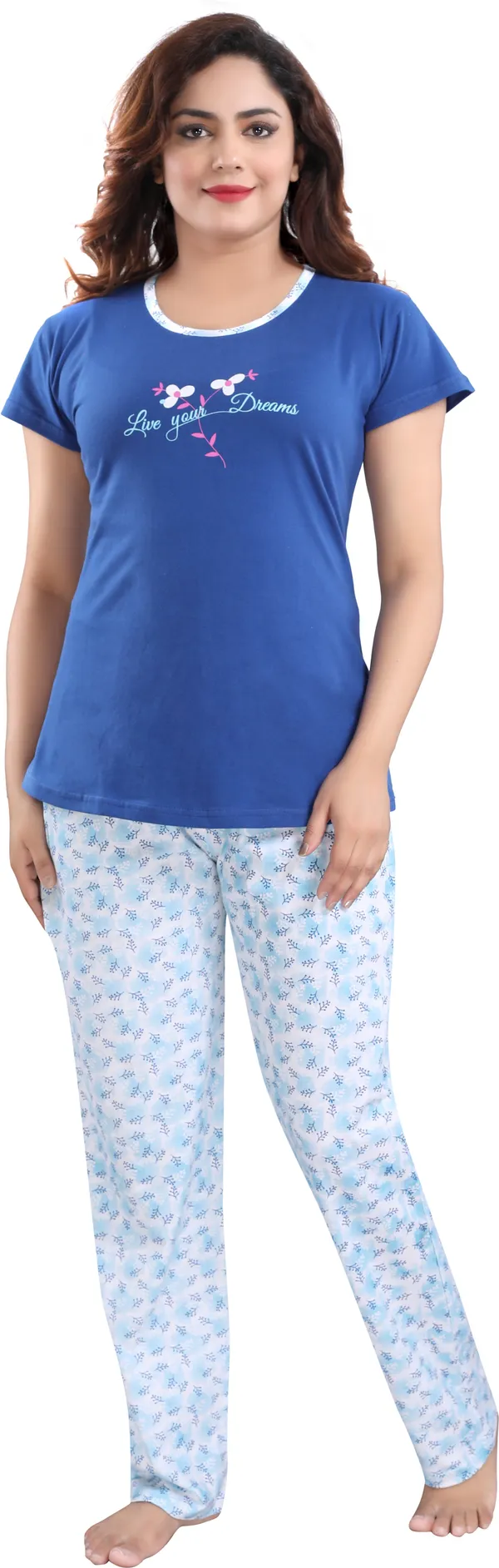 Blue_Cotton_Blend_Printed_Top_&_Pyjama_Set_For_Women