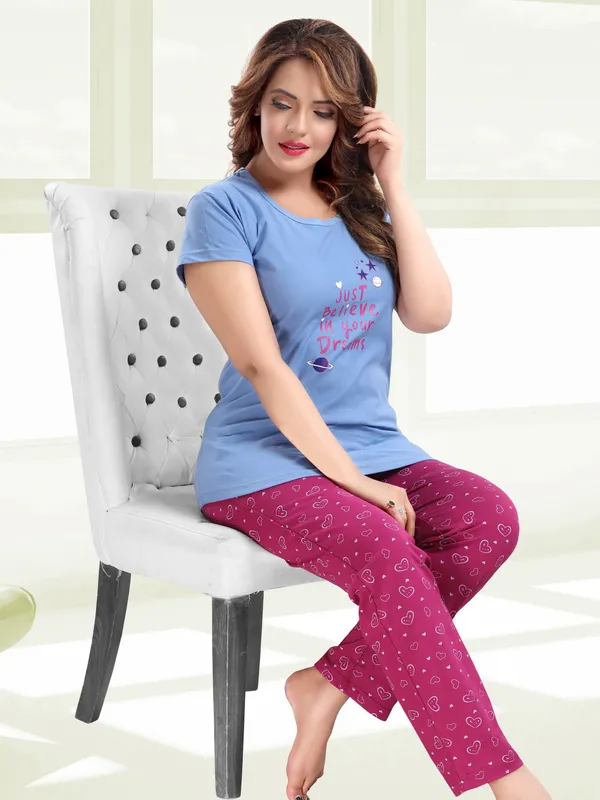 Light_Blue_&_Purple_Cotton_Blend_Printed_Top_&_Pyjama_Set_For_Women