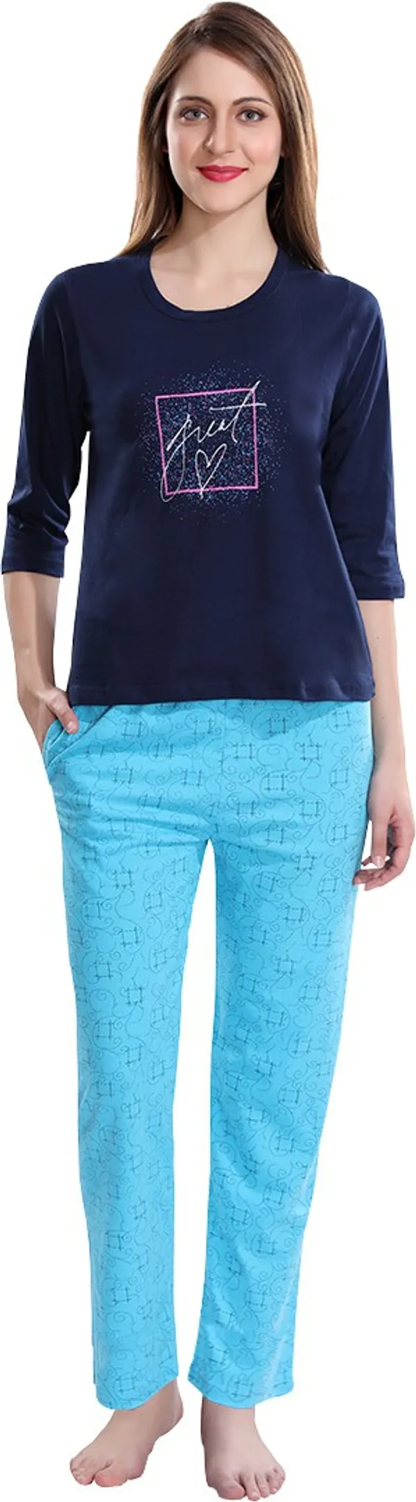 Blue_Cotton_Blend_Printed_Top_&_Pyjama_Set_For_Women