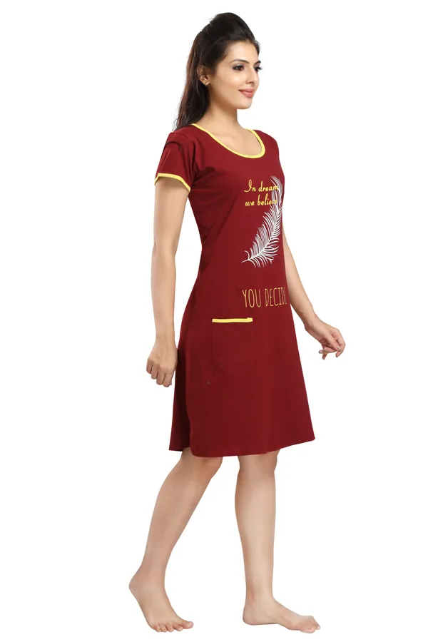 Maroon_Cotton_Blend_Printed_Knee_Length_Night_Dress_For_Women