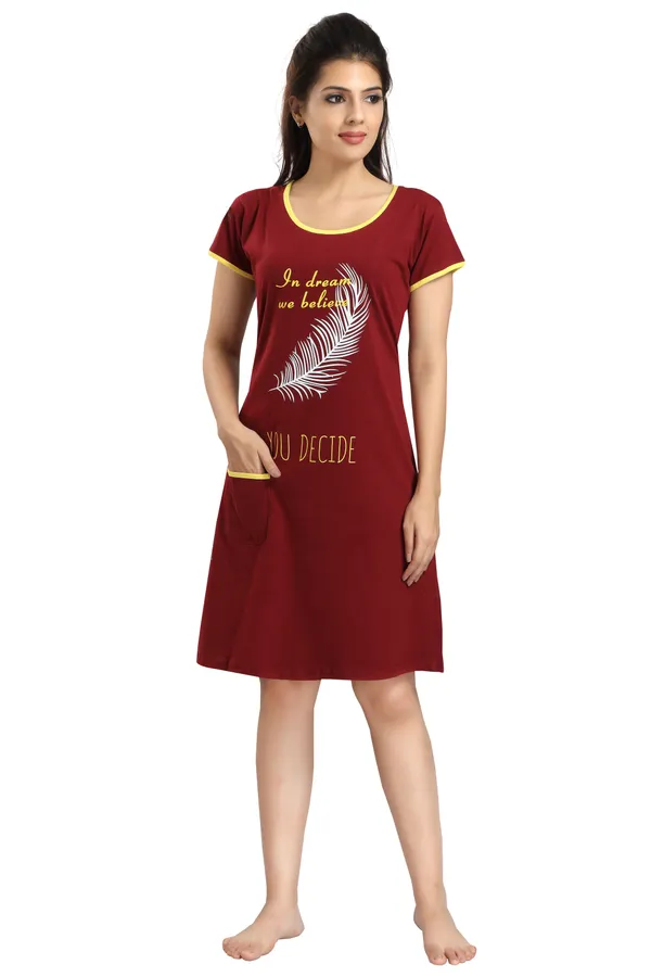 Maroon_Cotton_Blend_Printed_Knee_Length_Night_Dress_For_Women
