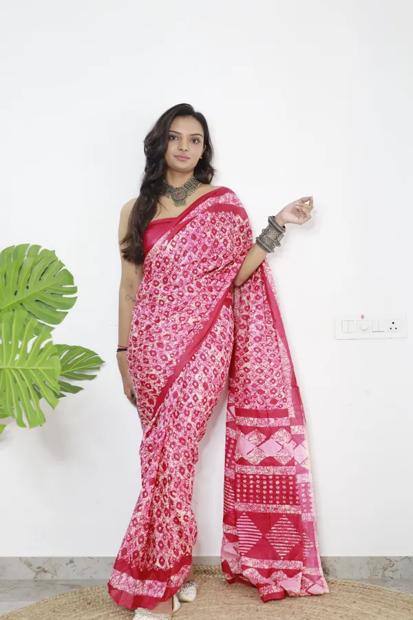 Pink_hand_block_Print_Pure_mul_Cotton_Saree_With_Blouse_Piece_with_Unstiched_Blouse_Fabric