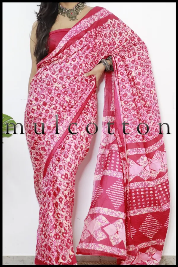 Pink_hand_block_Print_Pure_mul_Cotton_Saree_With_Blouse_Piece_with_Unstiched_Blouse_Fabric