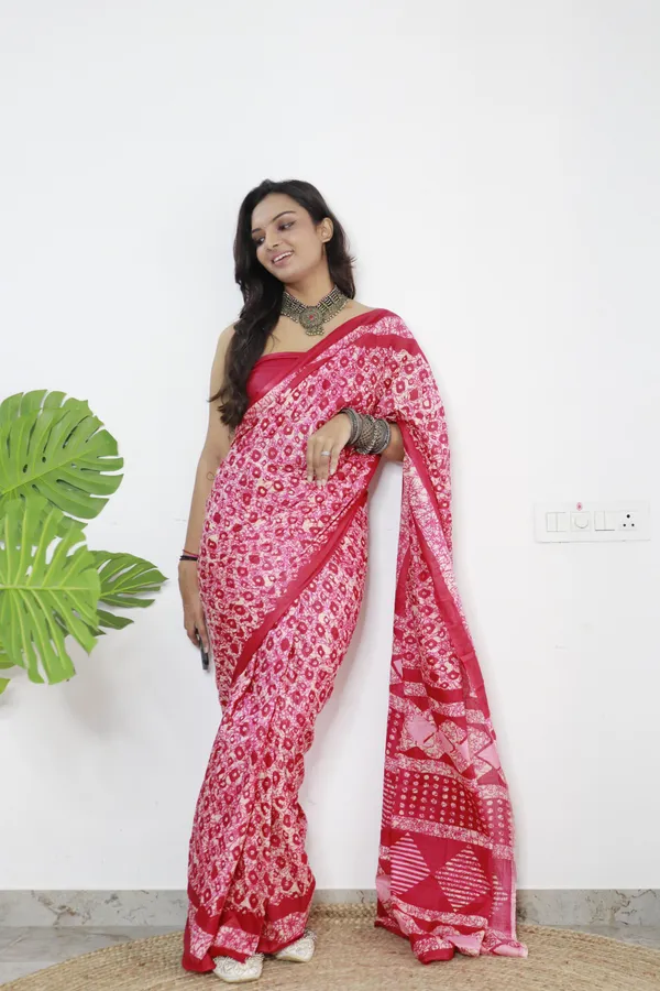 Pink_hand_block_Print_Pure_mul_Cotton_Saree_With_Blouse_Piece_with_Unstiched_Blouse_Fabric