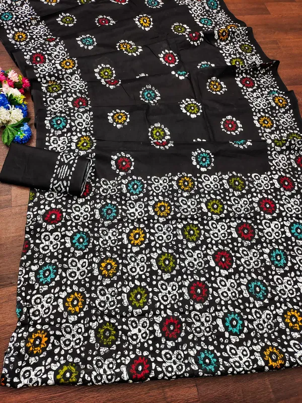 Black_Batik_Print_Pure_mul_Cotton_Saree_With_Blouse_Piece_with_Unstiched_Blouse_Fabric