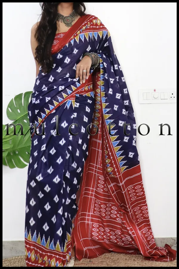 Blue_Ikkat_Print_Pure_mul_Cotton_Saree_With_Blouse_Piece_with_Unstiched_Blouse_Fabric