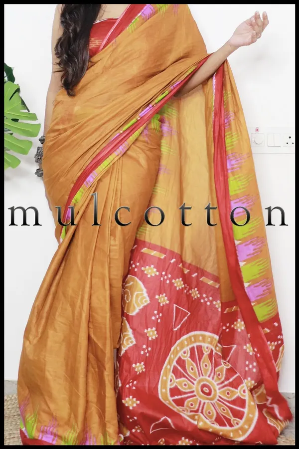 Orange_Ikkat_Print_Pure_mul_Cotton_Saree_With_Blouse_Piece_with_Unstiched_Blouse_Fabric