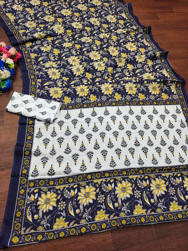 Blue_Hand_Block_Print_Pure_mul_Cotton_Saree_With_Blouse_Piece_with_Unstiched_Blouse_Fabric