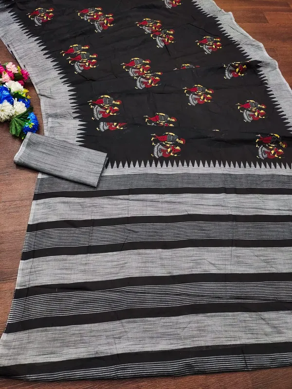 Black_Hand_Block_Print_Pure_mul_Cotton_Saree_With_Blouse_Piece_with_Unstiched_Blouse_Fabric