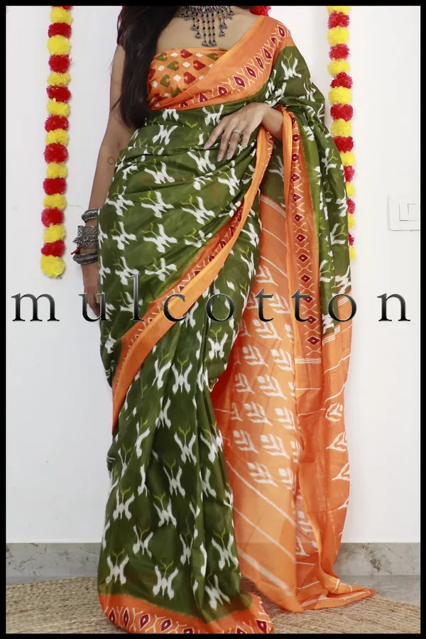 Green_Hand_Block_Print_Pure_mul_Cotton_Saree_With_Blouse_Piece_with_Unstiched_Blouse_Fabric