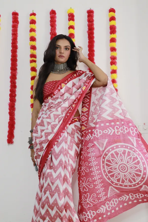 Ikkat_Print_Pure_mul_Cotton_Saree_With_Blouse_Piece_with_Unstiched_Blouse_Fabric