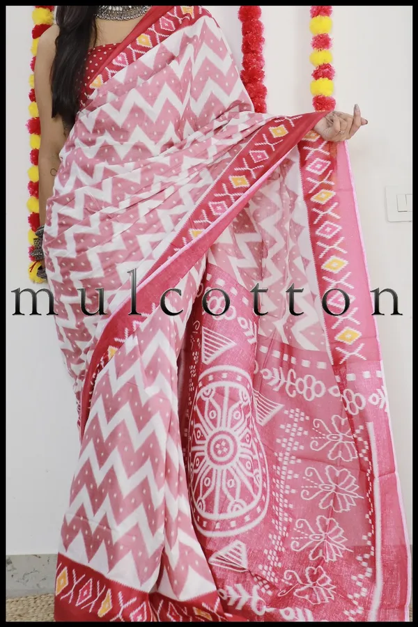 Ikkat_Print_Pure_mul_Cotton_Saree_With_Blouse_Piece_with_Unstiched_Blouse_Fabric