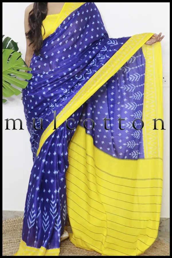 Blue_Yellow_Ikkat_Print_Pure_mul_Cotton_Saree_With_Blouse_Piece_with_Unstiched_Blouse_Fabric