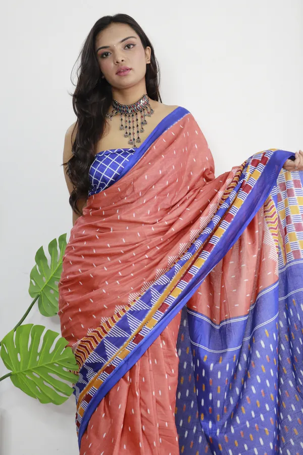 Blue_Ikkat_Print_Pure_mul_Cotton_Saree_With_Blouse_Piece_with_Unstiched_Blouse_Fabric
