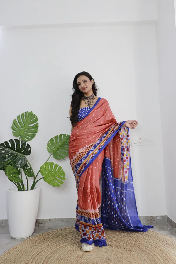 Blue_Ikkat_Print_Pure_mul_Cotton_Saree_With_Blouse_Piece_with_Unstiched_Blouse_Fabric