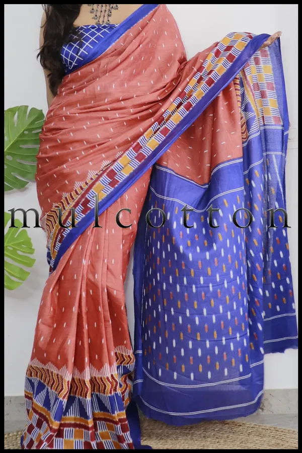 Blue_Ikkat_Print_Pure_mul_Cotton_Saree_With_Blouse_Piece_with_Unstiched_Blouse_Fabric