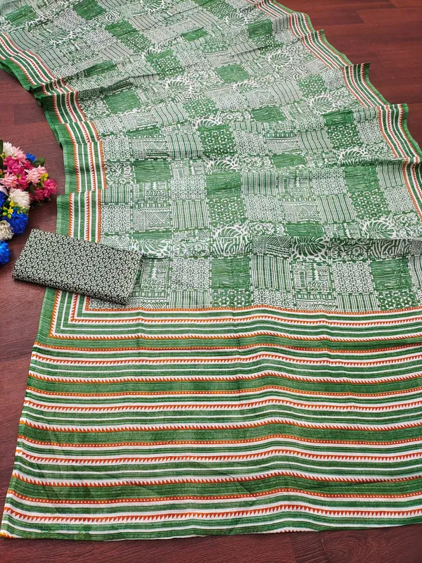 Pure_Soft_Cotton_Hand_Block_Printed_Saree_Green_with_Unstiched_Blouse_Fabric