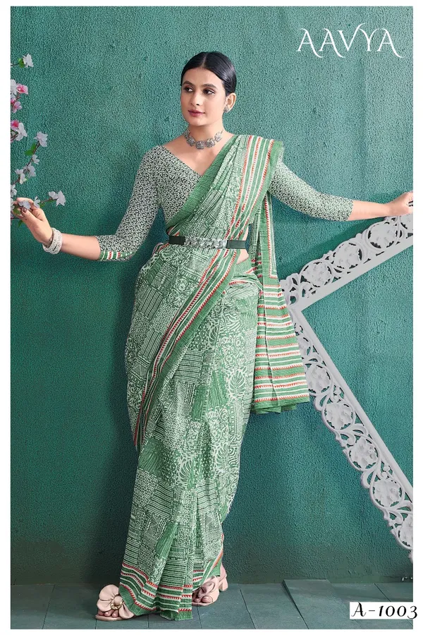 Pure_Soft_Cotton_Hand_Block_Printed_Saree_Green_with_Unstiched_Blouse_Fabric