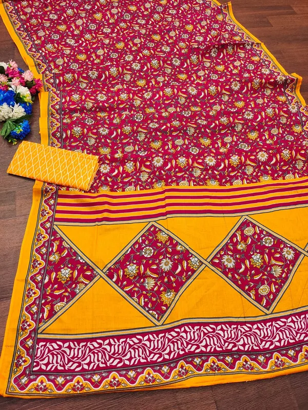 Red_Hand_Block_Print_Pure_mul_Cotton_Saree_With_Blouse_Piece_with_Unstiched_Blouse_Fabric