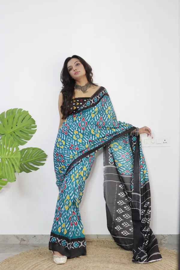 Ikkat_Print_Pure_mul_Cotton_Saree_With_Blouse_Piece_with_Unstiched_Blouse_Fabric