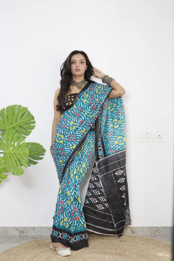 Ikkat_Print_Pure_mul_Cotton_Saree_With_Blouse_Piece_with_Unstiched_Blouse_Fabric
