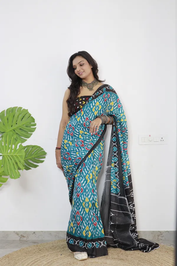 Ikkat_Print_Pure_mul_Cotton_Saree_With_Blouse_Piece_with_Unstiched_Blouse_Fabric